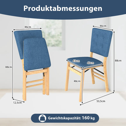 Ensemble de 2 chaises de salle à manger pliantes, assise rembourrée, lin bleu