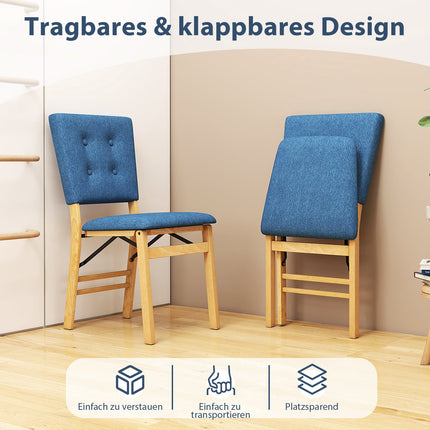 Ensemble de 2 chaises de salle à manger pliantes, assise rembourrée, lin bleu