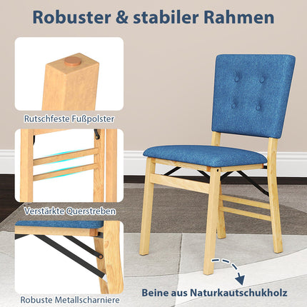 Ensemble de 2 chaises de salle à manger pliantes, assise rembourrée, lin bleu