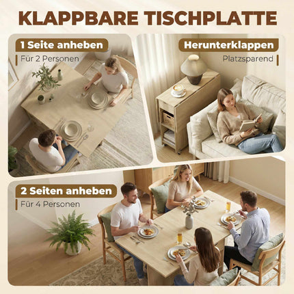 Table de salle à manger pliante pour 2 à 4 personnes, sur roulettes avec tiroir, en bois naturel