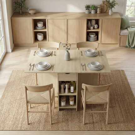 Table de salle à manger pliante pour 2 à 4 personnes, sur roulettes avec tiroir, en bois naturel