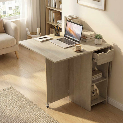 Table de salle à manger pliante pour 2 à 4 personnes, sur roulettes avec tiroir, en bois naturel