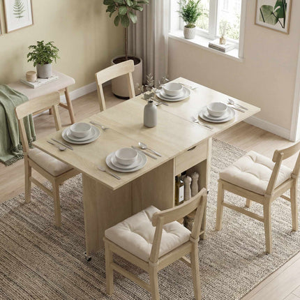 Table de salle à manger pliante pour 2 à 4 personnes, sur roulettes avec tiroir, en bois naturel