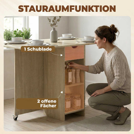 Table de salle à manger pliante pour 2 à 4 personnes, sur roulettes avec tiroir, en bois naturel