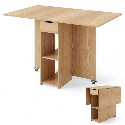 Table de salle à manger pliante à roulettes, étagères et tiroir