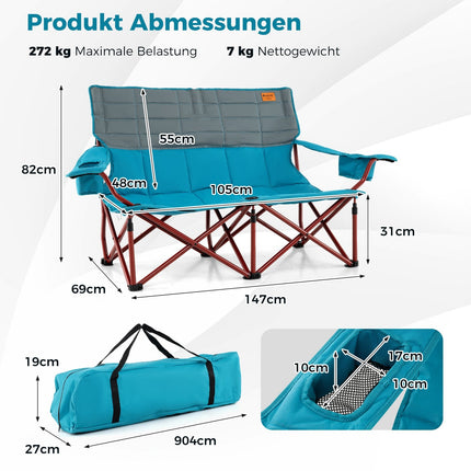 Chaise de camping double pliante, accoudoirs réglables, bleu marine