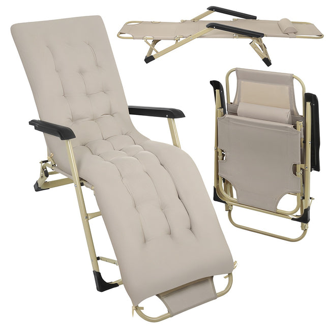 Chaise longue de jardin pliante avec coussin, 3 positions, beige