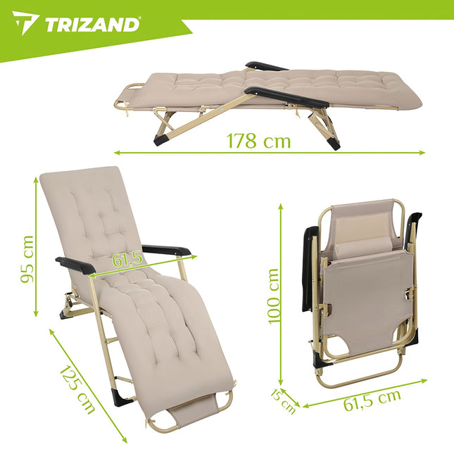Chaise longue de jardin pliante avec coussin, 3 positions, beige