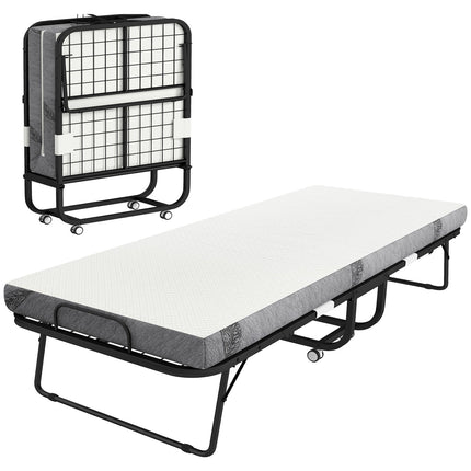 Lit d'appoint pliant avec matelas, roulettes et cadre en acier