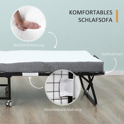 Lit d'appoint pliant avec matelas, roulettes et cadre en acier