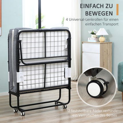 Lit d'appoint pliant avec matelas, roulettes et cadre en acier