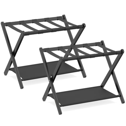 Ensemble support à bagages pliable, bambou, double rangement, noir