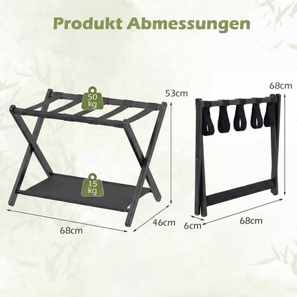Ensemble support à bagages pliable, bambou, double rangement, noir