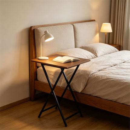 Table pliante en métal avec plateau effet bois, 66,5 × 48 × 36 cm