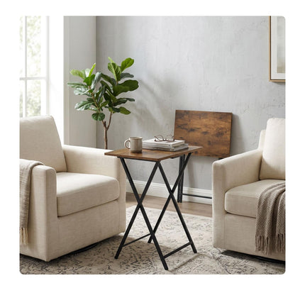 Table pliante en métal avec plateau effet bois, 66,5 × 48 × 36 cm