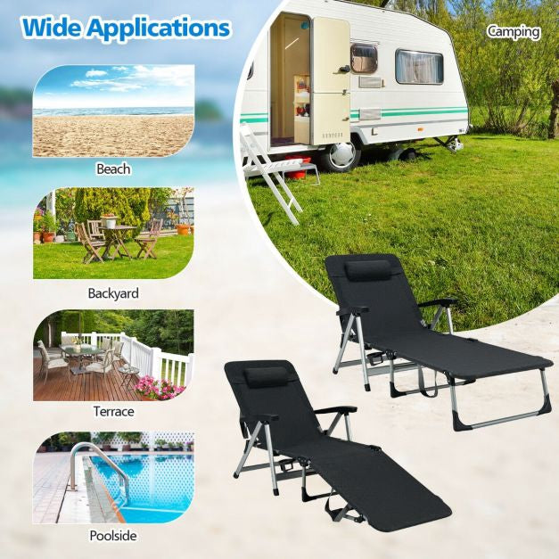 Klappbare Outdoor-Chaiselongue – Kissen, Getränkehalter, Schwarz