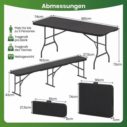 Klappbarer Gartentisch in Rattanoptik, Tischplatte aus HDPE, Schwarz