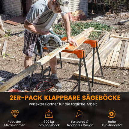Klapp-Sägebock-Set, Metallgestell, 600kg Tragkraft, Orange