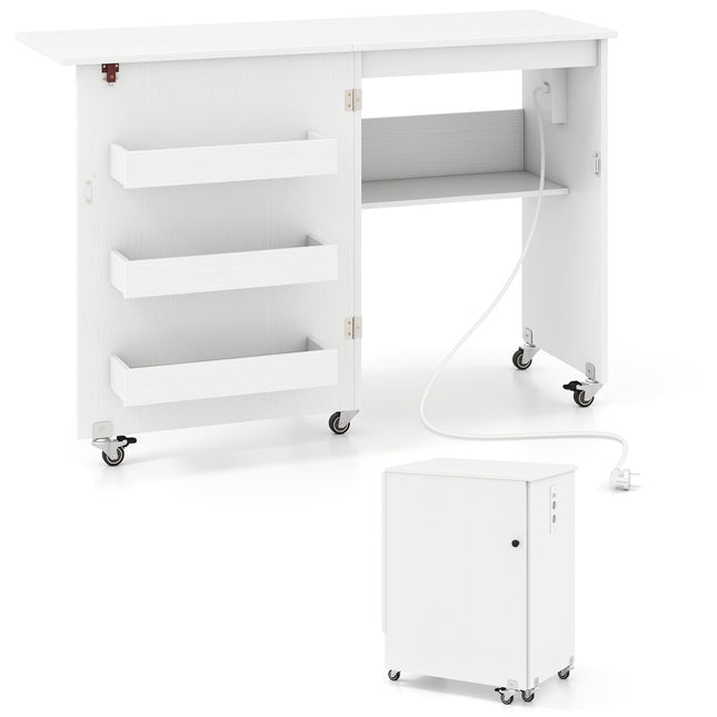 Folding Sewing Table with Charging Station, White, Storage & Wheels