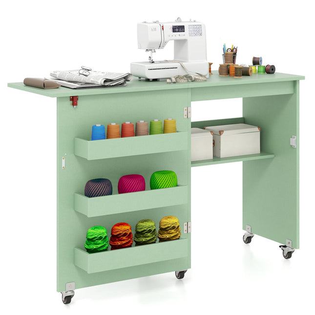 Table de couture pliante avec rangement, verte, 118,5 x 40 x 79,5 cm