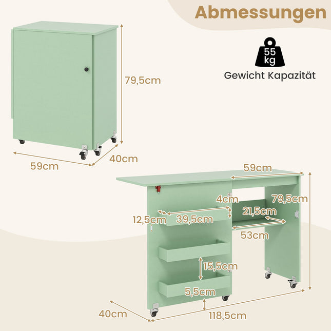 Table de couture pliante avec rangement, verte, 118,5 x 40 x 79,5 cm
