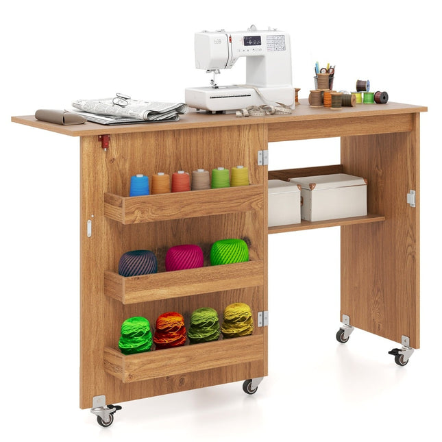 Table de couture pliante avec rangement et roulettes, 118,5 x 40 x 79,5 cm