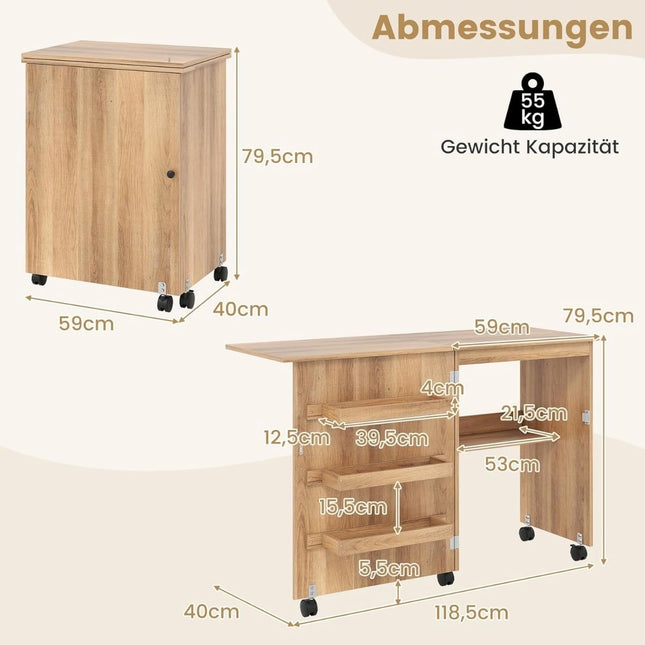 Table de couture pliante avec rangement et roulettes, 118,5 x 40 x 79,5 cm