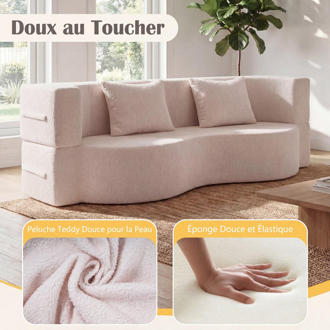 Canapé-lit pliant 192,5 cm, polaire peluche, 2 coussins