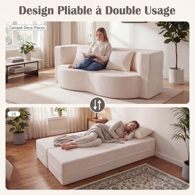 Canapé-lit pliant 192,5 cm, polaire peluche, 2 coussins
