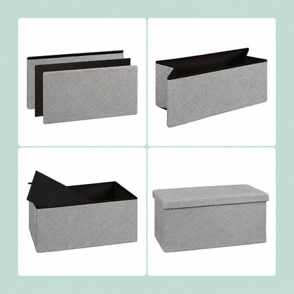 Folding Storage Bench with Teddy Fabric for 2 People, Grey, 80 L