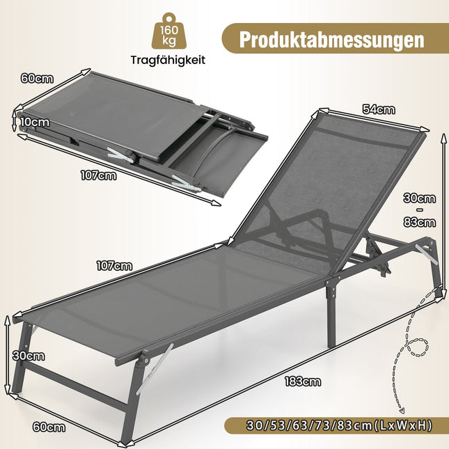 Bain de soleil pliable, dossier inclinable à 5 positions, capacité de charge de 160 kg
