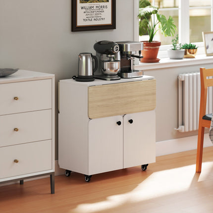 Table pliante avec rangement, 2 abattants, 4 roulettes, blanc/naturel