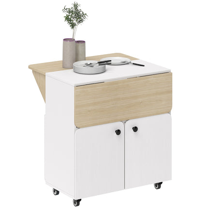 Table pliante avec rangement, 2 abattants, 4 roulettes, blanc/naturel
