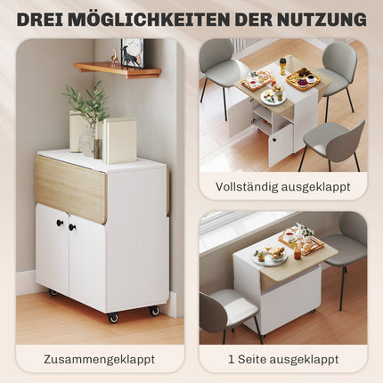 Table pliante avec rangement, 2 abattants, 4 roulettes, blanc/naturel