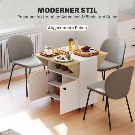 Table pliante avec rangement, 2 abattants, 4 roulettes, blanc/naturel