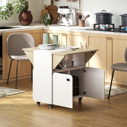 Table pliante avec rangement, 2 abattants, 4 roulettes, blanc/naturel