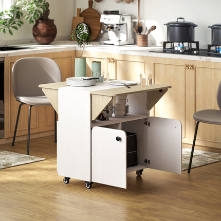 Table pliante avec rangement, 2 abattants, 4 roulettes, blanc/naturel