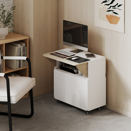 Table pliante avec rangement, 2 abattants, 4 roulettes, blanc/naturel