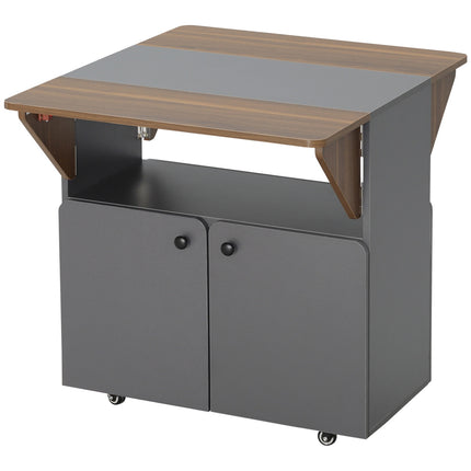 Table pliante avec rangement, 4 roulettes, gris clair/marron foncé