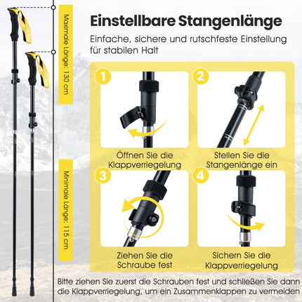 Bâtons de randonnée pliables, verrouillage rapide, 115-130 cm, jaunes