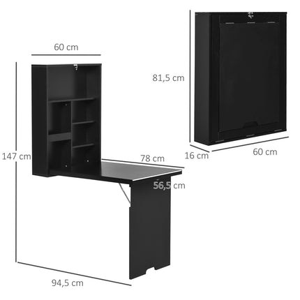 Klappbarer Wandsekretär mit Kreidetafel, Schwarz 60x94,5x147 cm