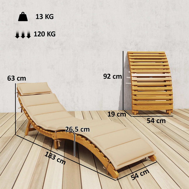 Transat pliant en bois résistant aux intempéries avec coussin, beige