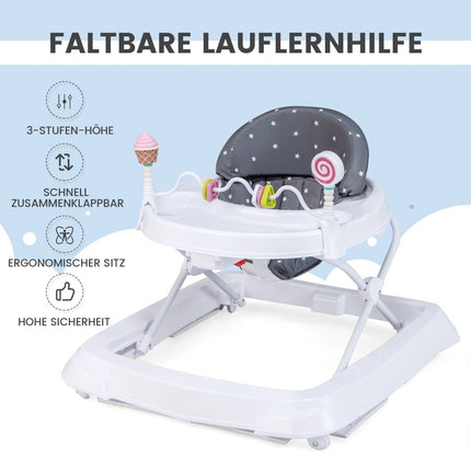 Klappbarer Lauflernwagen mit Rädern, 3-stufig höhenverstellbar &amp; abnehmbares weiches Sitzkissen, grau