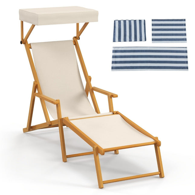 Chaise longue de plage pliante avec auvent inclinable, dossier et repose-pieds réglables