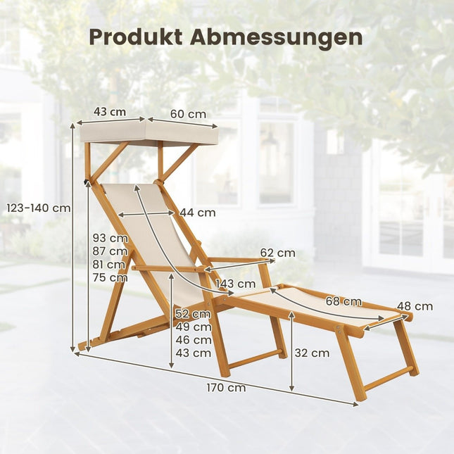 Chaise longue de plage pliante avec auvent inclinable, dossier et repose-pieds réglables