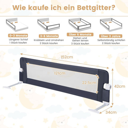Barrière de lit pliante avec sangles pliantes réglables et pliables en un clic, barrière de lit 150 x 42 cm gris