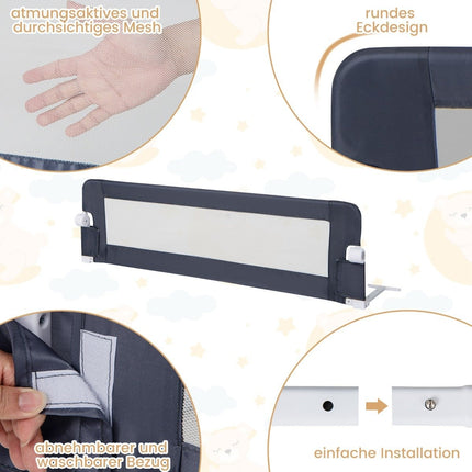 Barrière de lit pliante avec sangles pliantes réglables et pliables en un clic, barrière de lit 150 x 42 cm gris