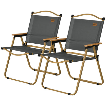 Lot de 2 chaises de camping pliantes de jardin avec structure en acier aspect bois, chaises pliantes pour piscine, plage, Oxford, gris foncé