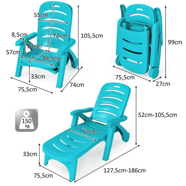 Chaise longue de jardin pliante, réglable en 5 positions, avec roulettes intégrées, turquoise