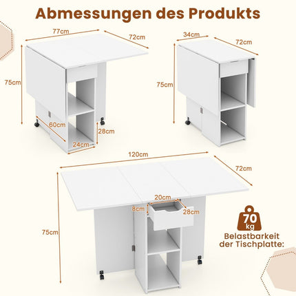 Table à manger pliante à 2 roulettes, table pliante mobile, table de salle à manger avec rangement à 2 niveaux et tiroir, blanche